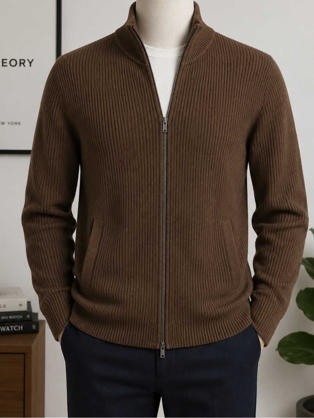Theory Merino Wool Full Zip Ribbed Sweater Jacket Brown Size Medium
